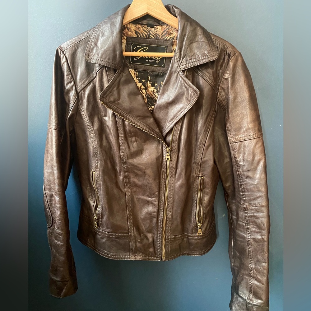 Guess Women's Brown Real Leather Moto Jacket